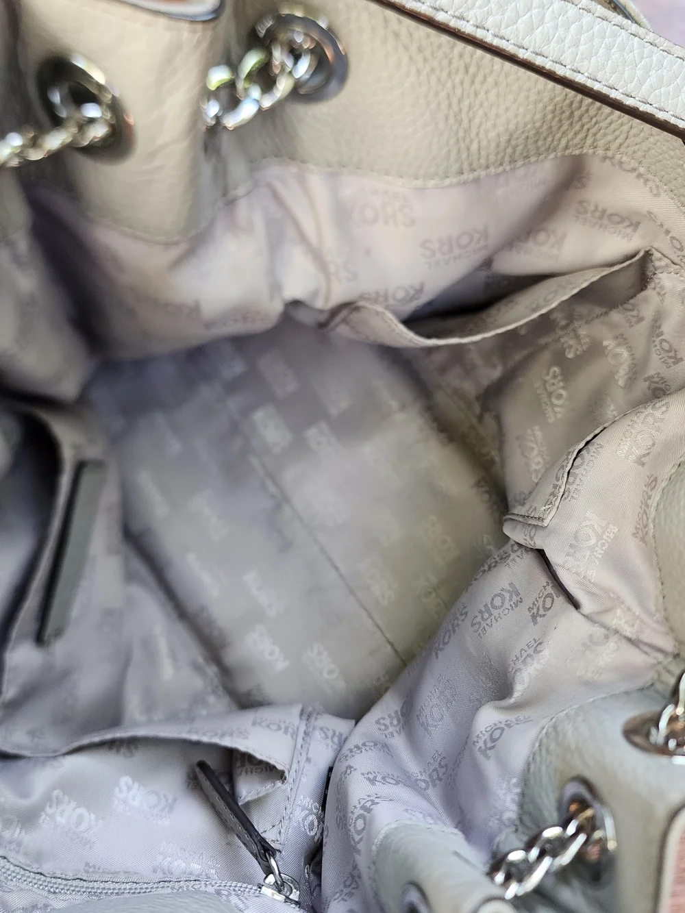 Michael Kors Gray Pebbled Leather Chain Shoulder Bag Hobo Tote Purse